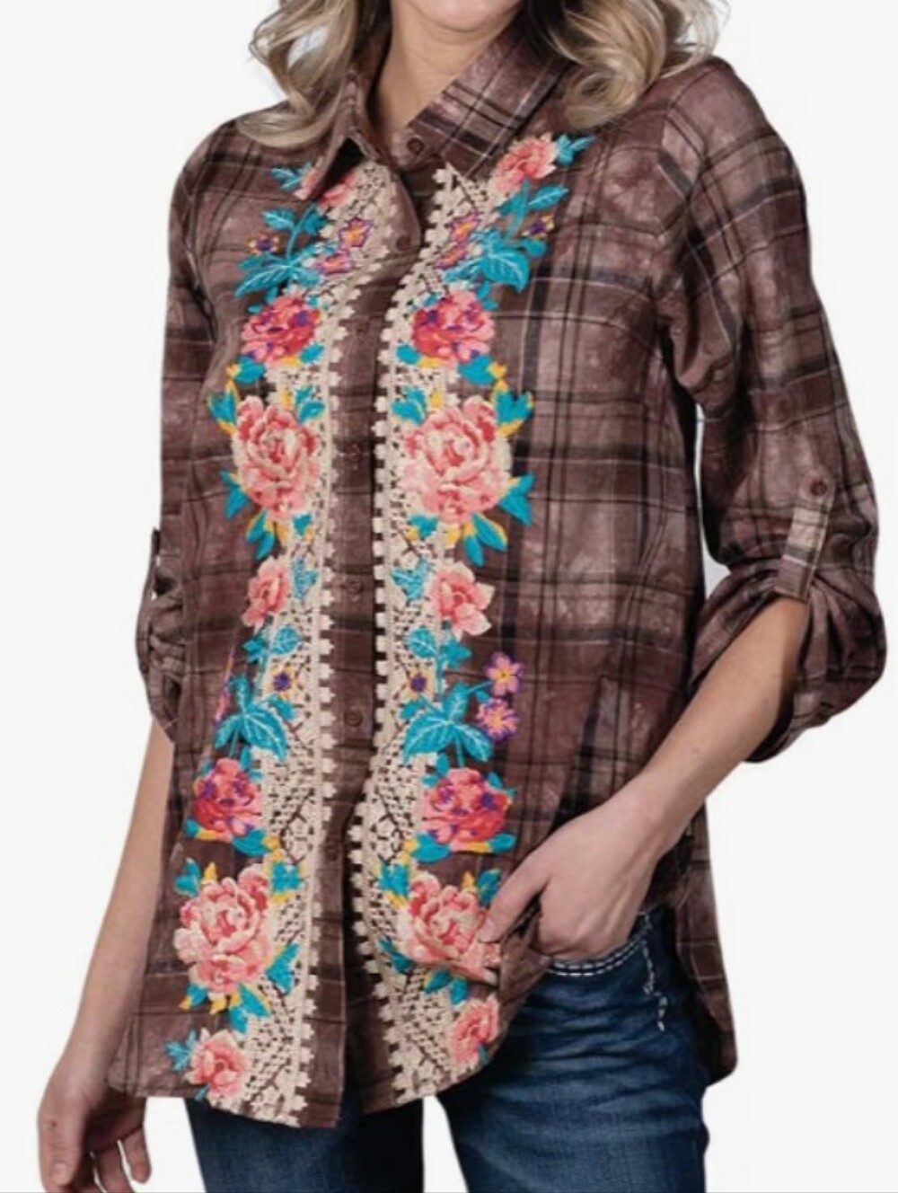 Andree by Unit Boho Floral Embroidered Plaid Shirt Duster Top M